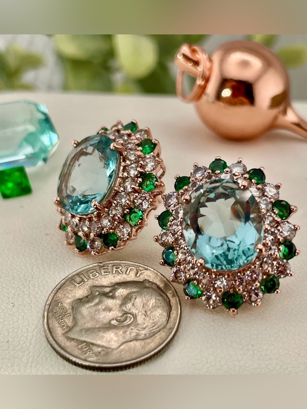 12ct Aquamarine Emerald Sapphire white 14k Rose Gold over 925 Silver Earrings